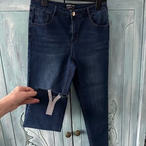 Frank Lyman Design Dark Blue Skinny Jeans + ankle detail, stretch, size L, $60